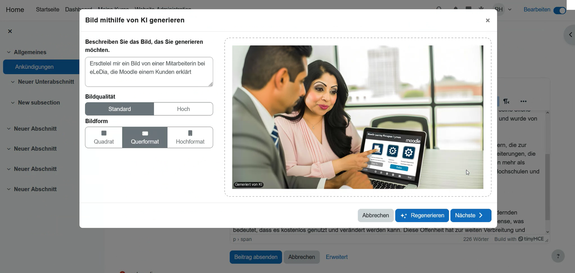 Screenshot der Funktion KI-Bild erstellen im Moodle Editor