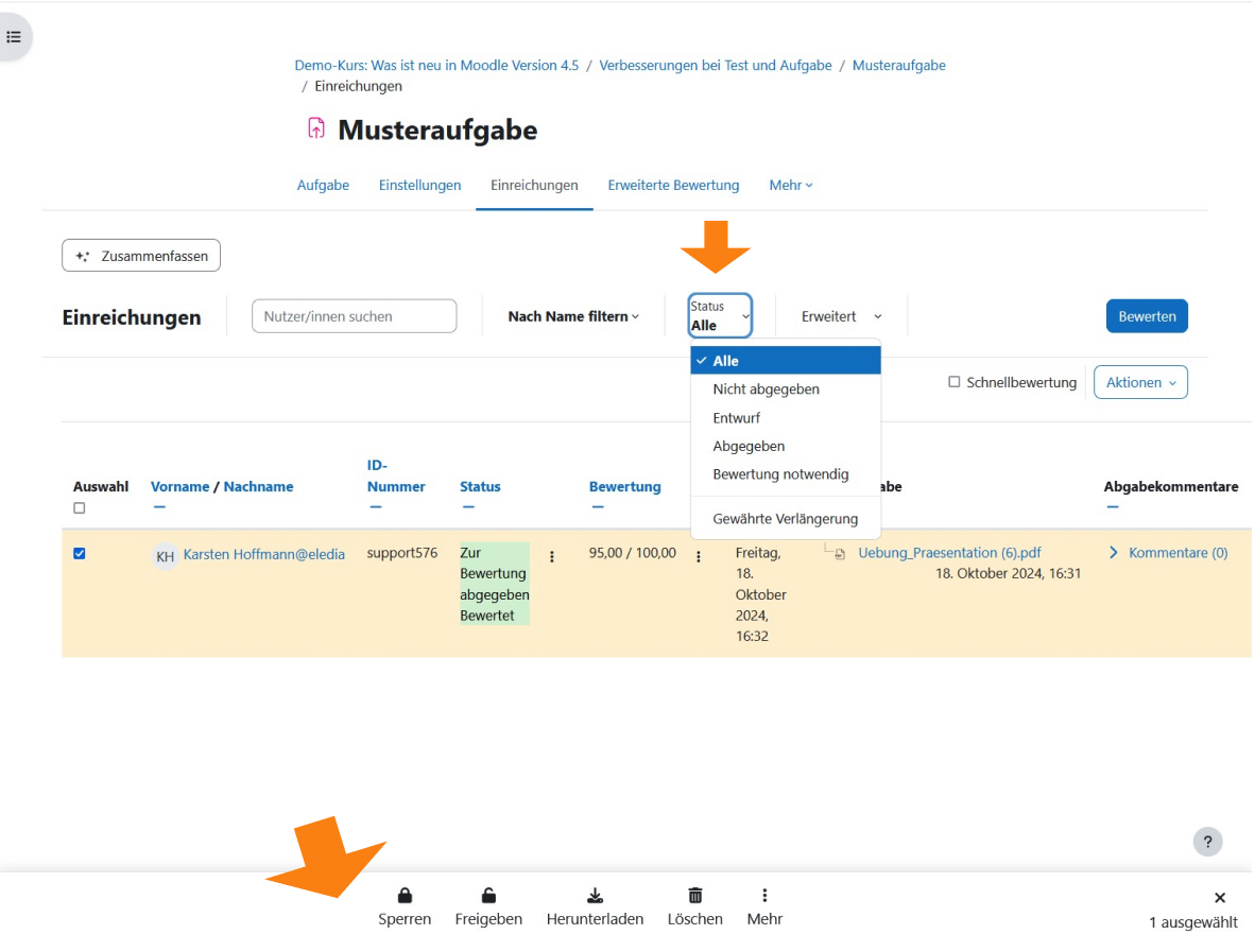 Screenshot einer Moodle Aufgabe bei Einreichungen. Die Bedienungselemente Filter und Sticky Menu sind mit einem orangefarbenen Pfeil gehighlightet.